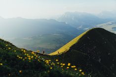 two people are standing on the top of a grassy hill with mountains in the background