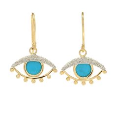 These 14K gold earrings showcase an evil eye design that features a reconstituted turquoise pop of color and spritz sparkle, providing an eye-catching look on the lobes. The evil eye has long been said to protect the wearer from bad energy, so use these earrings to keep your day full of good vibes. Featuring a hook earring back, these earrings will sit comfortably and securely on your lobes for an elongated look. Bad Energy, Evil Eye Design, Evil Eye Earrings, Eye Earrings, Eye Design, Pure Gold, Earring Backs, Hook Earrings, 10k Gold