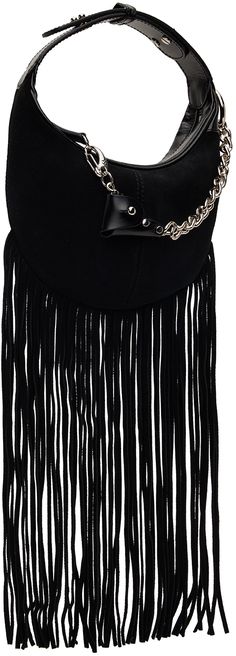 Suede top handle bag in black. · Adjustable buffed leather carry handle · Logo embossed at face · Semi-detachable curb chain at side · Fringed detailing at base · Zip closure · Two-compartment interior · Twill lining · Logo-engraved silver-tone hardware · H5.75 x W9 x D1.5 Supplier color: Black Black Fringe Shoulder Bag For Festival, Black Fringe Purse, Black Fringed Shoulder Bag For Festival, Elegant Black Fringe Shoulder Bag, Luxury Black Fringe Bag, Side Fringe, Suede Tops, Black Fringe, Silver Engraving