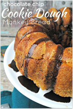 chocolate chip cookie dough monkey bread on a white plate with the words, chocolate chip cookie dough