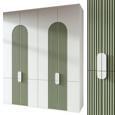 two white cupboards with green and white stripes on the wall next to each other