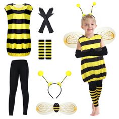 a little boy dressed up as a bee and other costume items for his halloween party