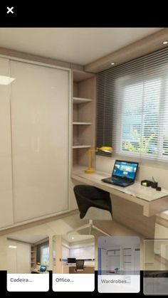 an image of a computer desk in the middle of a room with white walls and cabinets