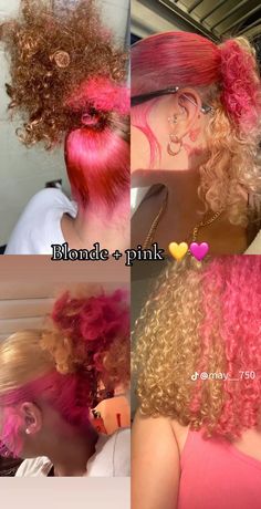 Color Hair Ideas Natural, Cute Pink And Blonde Hair, Color Hair Combinations, Color Dye Hair Ideas, Honey And Pink Hair, Ideas To Color Your Hair, Red Roots Pink Ends Hair, Best Colors To Dye Your Hair, Pink And Blonde Locs Black Women