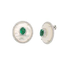 Designer Mother Of Pearl Gemstone Earring 18k White Gold Natural Diamond Stud Earring / Dainty Emerald Post Earring For Wedding Anniversary STONE DETAILS : ❋ Stone : Emerald, Mother Of Pearl & Diamond   ❋ Stone Size : 5x7 MM / 18x21 MM Approx. (± 0.20 MM) ❋ Stone Shape : Oval Cut ❋ Stone Color : As Shown In Picture ❋ Color Stone Weight : 22.19 Cts. Approx. ❋ Diamond Weight : 1.49 Cts. Approx. ❋ Diamond Quality : FG-SI ❋ Stone / Diamond Type : Natural METAL DETAILS : ❋ Metal Purity : Solid 18K Go Multi-stone White Gold Earrings For Formal Occasions, Luxury Multi-stone Diamond Earrings For Anniversary, Luxury Multi-stone White Gold Earrings, Luxury White Gold Multi-stone Earrings, Elegant Multi-stone Diamond Earrings, Luxury Multi-stone Diamond Earrings, Luxury Hallmarked Oval Diamond Earrings, Formal Multi-stone Fine Jewelry Earrings, Luxury Oval Diamond Earrings With Gemstones