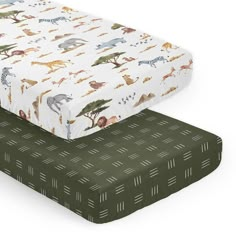 two baby crib sheets with animals on them, one is green and the other is white