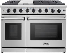 a silver stove top oven with two burners and four burners on each side