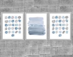 three blue and gray wall art prints with the word william on them