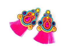 Check out this item in my Etsy shop https://www.etsy.com/listing/815284011/colorful-tassel-earrings-pink-tassel Trendy Pink Tassel Earrings, Pink Fringe Earrings For Party, Big Statement Earrings, Pink Tassel Earrings, Multicolor Jewelry, Pom Pom Earrings, Earrings Big, Silver Caps, Soutache Earrings