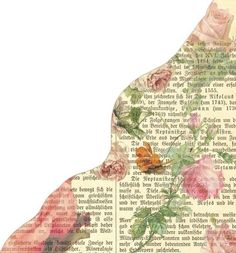 the silhouette of a person with flowers on it's body, and an old book page in the background