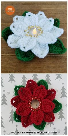 crochet christmas flower pattern is shown in three different colors, including white and red