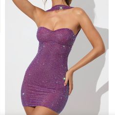 Brand New, With Tags! Size Us 4 Glamorous Purple Club Dress, Glamorous Embellished Purple Mini Dress, Glamorous Purple Dresses, Elegant Purple Sequin Summer Dress, Elegant Purple Sequin Dress For Summer, Summer Sequin Dress With Rhinestones, Purple Embellished Fitted Mini Dress, Elegant Crystal Embellished Dress For Club, Fitted Purple Embellished Mini Dress