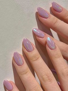 24pcs Long Almond Purple Glitter Aurora Mermaid Pearlescent Fake Nail Ruth Core, Opalescent Nails, Unghie Nail Art, Colorful Nails, Her Nails, Pink Nail, Classy Nails, Short Acrylic Nails, Nail Arts