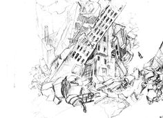 a black and white drawing of a building in the middle of a city with lots of rubble