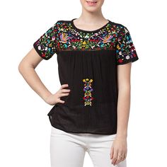 Raj Roshni Embroidered Blouse From the sea to the shore and all the places in between. This blouse resonates in a season that's full of swelter. Top it over shorts and skirt for impeccable chic and ease. Black Embroidered Summer Blouse, Black Embroidered Top For Summer Festival, Embroidered Black Relaxed Fit Tops, Black Embroidered Relaxed Fit Tops, Black Tops With Geometric Embroidery For Summer, Summer Black Tops With Geometric Embroidery, Black Floral Embroidered Blouse For The Beach, Black Blouse With Geometric Embroidery For Summer, Black Summer Blouse With Geometric Embroidery