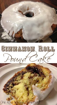 two pictures of cinnamon roll pound cake with icing