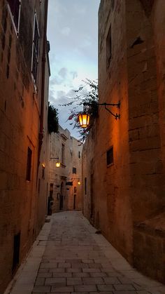 an alley way with cobblestones and lights on either side