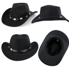 New! Black Western Cowboy Hats Studded Pinched Western Cowgirl Hats Men And Women Black Felt Cap For Outdoor, Black Felt Cap For Country Events, Casual Black Hat Band For Festivals, Casual Black Felt Cap, Casual Black Fedora For Festivals, Black Hats For Western-themed Winter Events, Black Hat For Western-themed Winter Events, Casual Black Felt Hat For Rodeo, Casual Felt Cap For Rodeo