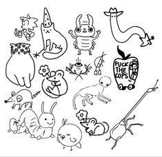 an image of some cartoon animals in black and white