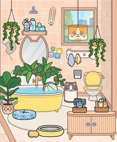 the bathroom is decorated in pastel colors and has plants on the wall, potted plant, toilet, sink, mirror, and other items