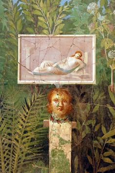 a painting with an image of a woman laying on top of a box in the woods