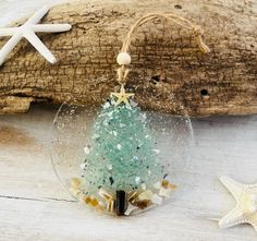 a glass ornament with a christmas tree inside on top of a piece of driftwood