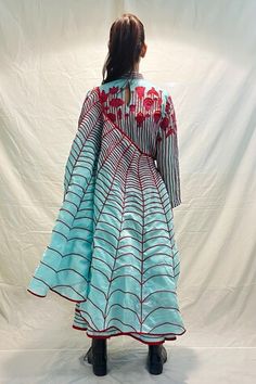 Blue and red chanderi saree dress with rose applique and web pattern corded details. - Aza Fashions Saaksha And Kinni Dress, Web Patterns, Rose Applique, Saree Dress, Types Of Dresses, Shoulder Sleeve, Aza Fashion, Custom Made, One Shoulder