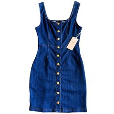 Brand New With Tags. Perfect Condition. Denim Tank Top Button Up Dress. Buttons Are A Copper Metallic Color. Denim Is Stretchy And Conforms To Body Shape Well. Fitted Blue Denim Dress With Button Closure, Fitted Denim Blue Dress With Buttons, Fitted Denim Dress With Buttons, Blue Cotton Denim Dress With Snap Buttons, Fitted Medium Wash Denim Dress With Snap Buttons, Fitted Denim Dress With Snap Buttons In Medium Wash, Fitted Blue Denim Dress With Snap Buttons, Blue Denim Dress With Snap Buttons, Summer Denim Dress In Dark Wash With Snap Buttons