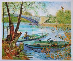 two green boats in the water next to trees and a bridge with people on it