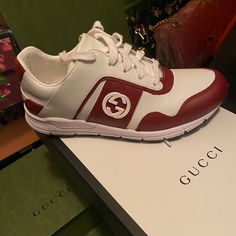 (Like New) Only Worn Once. Size 36 Comes With Box Authentic!! No Low Balls Designer White Slip-on Sneakers, Gucci Red Sporty Sneakers, White Gucci Slip-on Sneakers, Red Sporty Gucci Sneakers, Designer Red Gucci Sneakers, Gucci Bloom Slides, Gucci Tattoo, Gucci Flats, Gucci Ace Sneakers