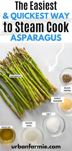 asparagus with ingredients labeled in the top and bottom, on a white background