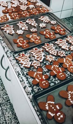 three trays filled with cookies sitting on top of a counter next to each other