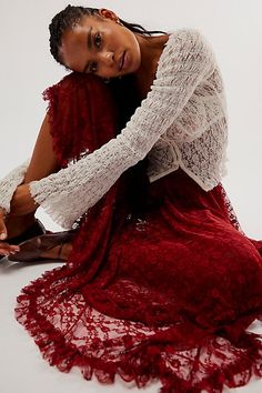 Feminine Lace Flowy Skirt, Bohemian Flowy Lace Maxi Skirt, Dark Cottage Core Outfits, Free People Lace Layering Top Outfit, Bohemian Maxi Skirt Free People, Free People Lace Skirt, Maroon Lace Dress, Red Lace Skirt, Skirts Flowy