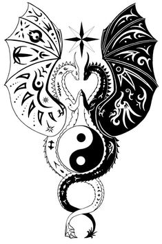 a dragon with an umbrella tattoo design on it's back, and the yin symbol is