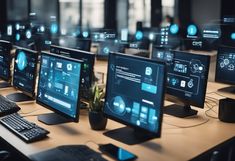 several computer monitors and keyboards on a desk in front of windows with blue light coming from them