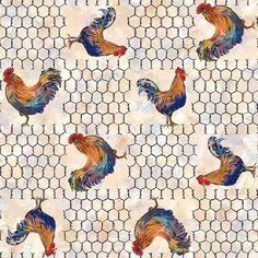 an image of roosters on a chicken wire pattern in red, blue and yellow