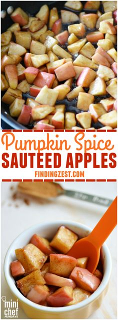 pumpkin spice sauteed apples in a white bowl with an orange spatula on top