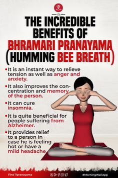 the health benefits of bhairamari pranayama is shown in this poster