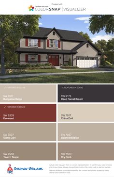 the color scheme for this house is brown, white and gray with red shutters