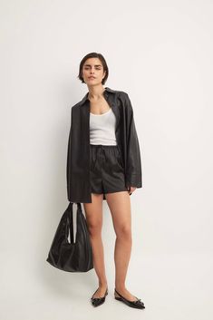 Satin Loose High Waist Shorts Black Black Relaxed Fit Shorts For Day Out, Chic Pajama Shorts With Elastic Waistband, Versatile Black Shorts For Spring, Relaxed Fit Black Shorts For Day Out, Chic Drawstring Shorts For Loungewear, Chic Relaxed Fit Pajama Shorts, Chic Relaxed Fit Shorts With Drawstring, Casual Shorts With Tie Waist, Chic Black Shorts For Loungewear