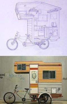 two pictures one with a bike and the other with a camper trailer on it