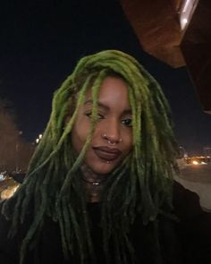 Dyed Roots On Locs, Colorful Hair Black Women, Dark Green Locs, Green Hair Black Women, Green Black Hair, Green Locs, Black Woman Aesthetic, Loc Colors, I Carry Your Heart