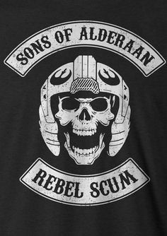 the sons of alderan logo on a black t - shirt with a skull wearing a helmet