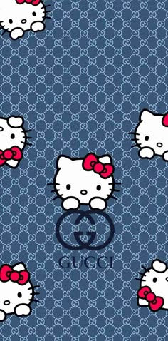 an image of hello kitty wallpaper in blue and white with red bows on it