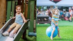 two children are playing in the park and one is on a slide with a ball