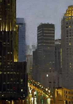 an oil painting of city buildings at night