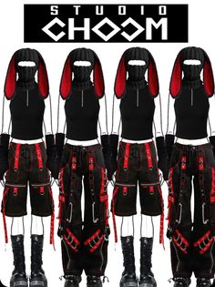 six different views of the same outfit with red accents and black boots, all in various positions