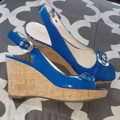 Brand New Gently Worn No Flaws Blue Almond Toe Sandals For Summer, Blue Leather Heels With Cushioned Footbed, Blue Cushioned Slip-on Heels, Blue Heels With Cushioned Footbed For Spring, Blue Cushioned Synthetic Heels, Blue Synthetic Heels With Cushioned Footbed, Casual Blue Heels Medium Width, Blue Wedge Heels With Cushioned Footbed, Casual Blue Almond Toe Heels