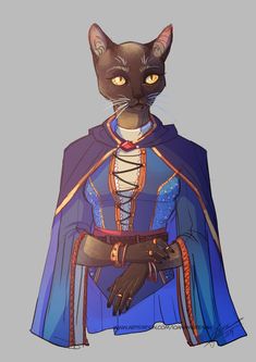 a black cat wearing a blue cape and holding a hand on his chest with an arm wrapped around it