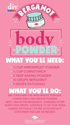 Body powder — Perfect for the hot summer heat, freshening up post workout, or whenever you’re feeling just a little sticky and icky from sweat or humidity. If you haven’t tried it, you don’t know what you’re missing! If you want to feel a little fresher any time of the day, a simple pinch of this powder is a great way to touch up and reduce shine from excess moisture. Bergamot Essential Oil Uses, Detox Life, Diy Lotions, Baking Therapy, Oil Therapy, Infused Waters, Skincare Diy, Body Essentials, Natural Recipes